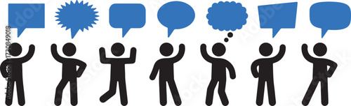 speech bubble, talk, conversation, communication, idea, thought, message, stick figure, person, silhouette, people, group, interaction, dialogue, blue, black, white, graphic, design, illustration, set