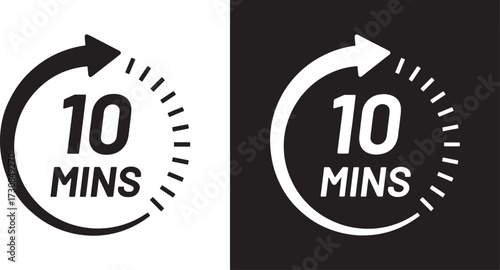 10 minutes, timer, clock, time, duration, icon, set, circle, arrow, countdown, speed, quick, fast, deadline, schedule, appointment, reminder, graphic, symbol, black, white, contrast, circular arrow, m