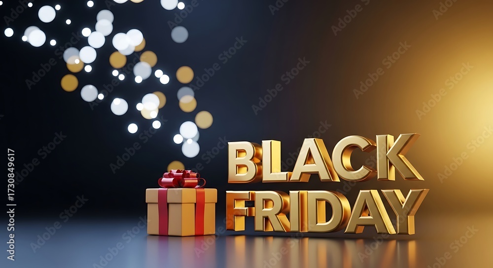 Fototapeta premium Golden black friday text with gift box and bokeh lights