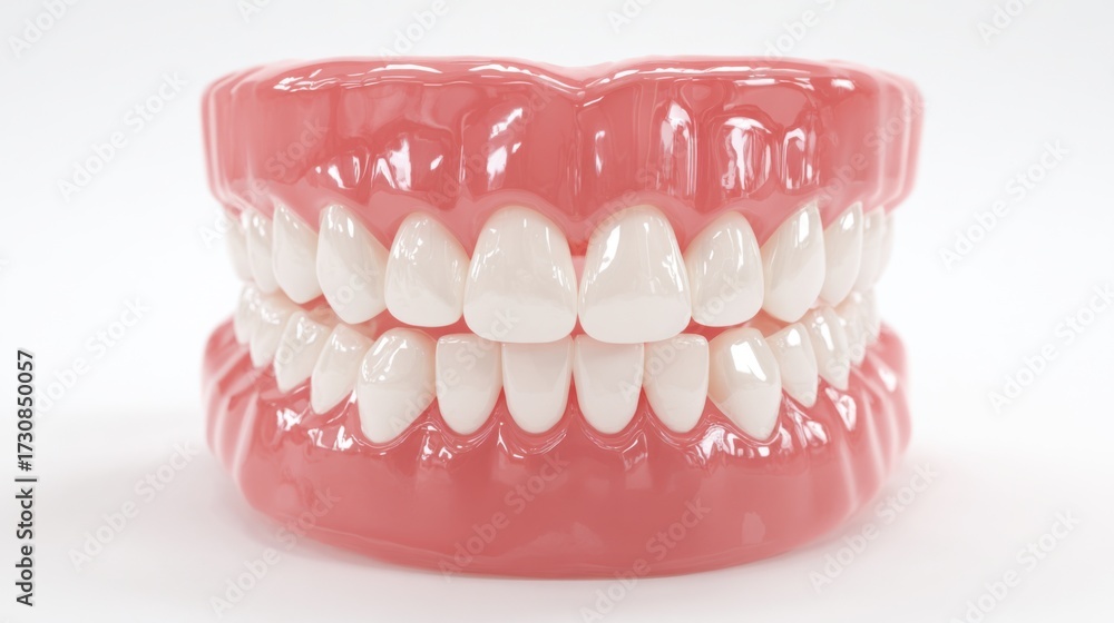 Fototapeta premium This detailed dental model showcases a complete set of human teeth and gums suitable for learning about oral health and dental hygiene. The model is brightly colored and well-designed.