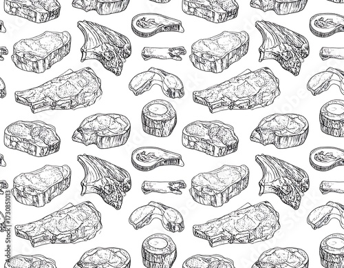 Hand-drawn vector seamless pattern of various cuts of beef