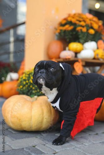 French bulldog in Halloween costumes stands in beautiful decor, pumpkin, postcards, flowers. Beautifully decorated street