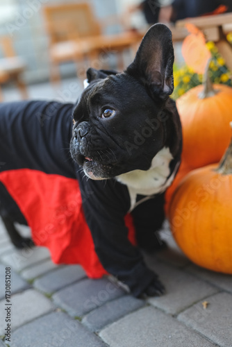 French bulldog in Halloween costumes stands in beautiful decor, pumpkin, postcards, flowers. Beautifully decorated street