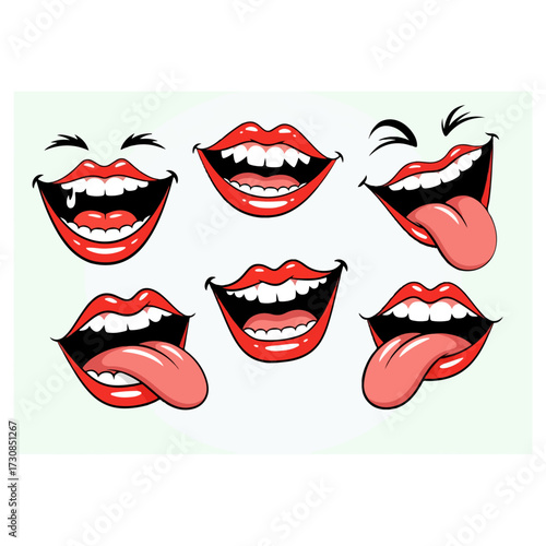 Smiling lips with different expressions and tongues.