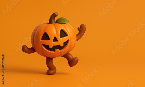 Happy Dancing Pumpkin Character on a Orange Background with Space for Copy