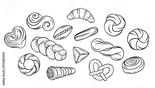 Big vector set, delicious pastries, braided buns, pies, croissant, waffle tube with cream, simple black and white icons, doodle and sketch style