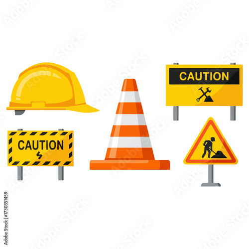 Construction safety equipment and warning signs for road work.