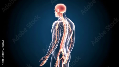 Human nervous system anatomy illustration: 3D render demonstrating the brain and entire nerve network on a dark background.