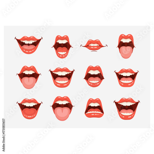 Collection of various mouth expressions with red lipstick.