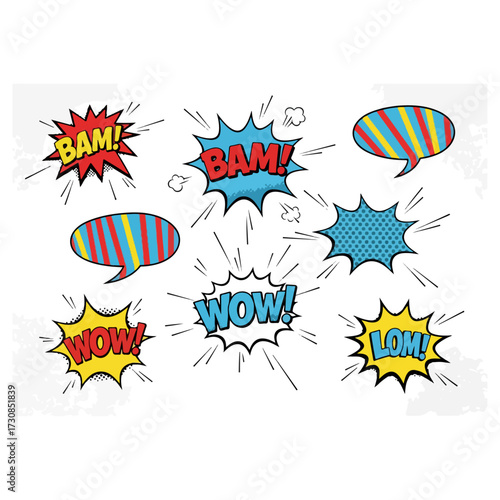 Comic book style speech bubbles and sound effects.