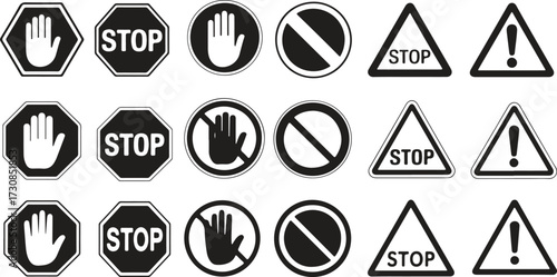 Black stop sign icon set. stop Sign with hand . Warning sign, attention, prohibition, danger, alert, road sign , vector illustration .Do not enter icons.