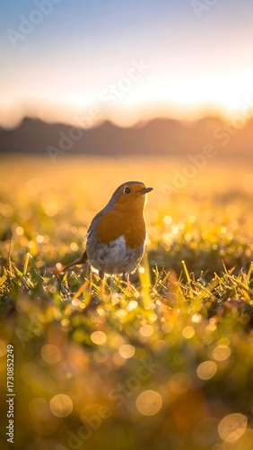 Robin in a dewy field at sunrise