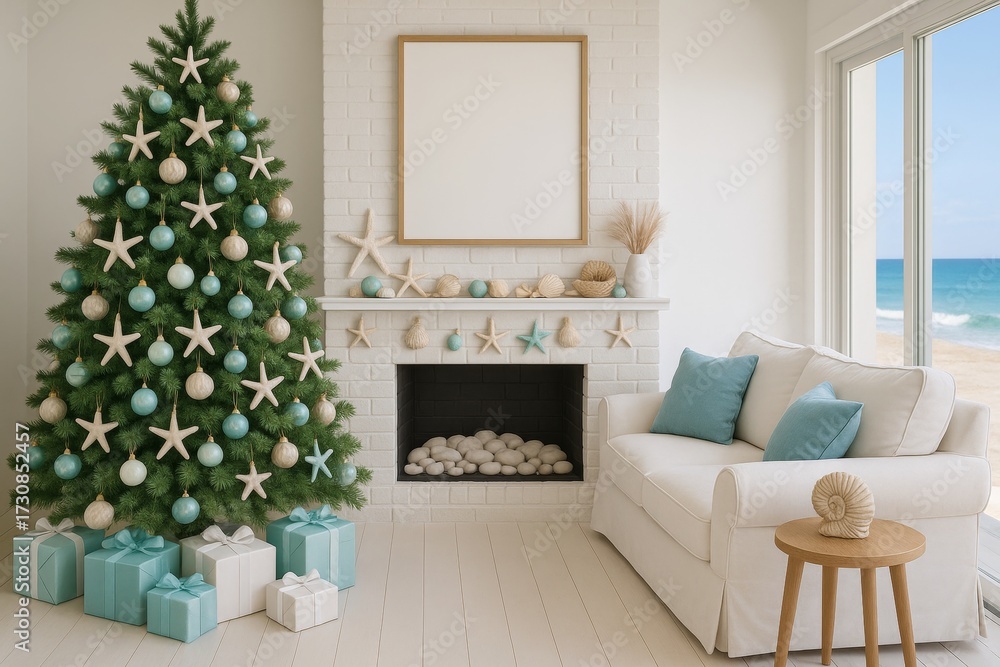 Obraz premium Coastal Christmas living room with beach-themed decor, pastel ornaments on tree, starfish garland on white fireplace, and ocean view outside window. Ai generative