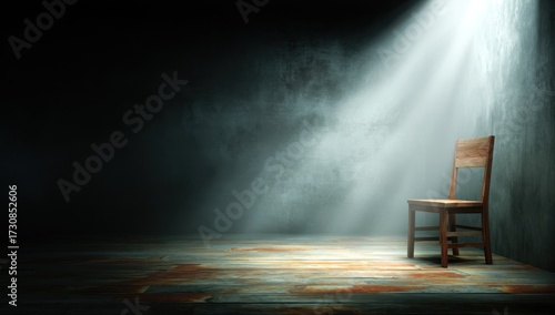 A single wooden chair stands in a dimly lit, textured room, bathed in a shaft of light.