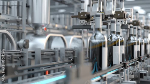 Bottles of wine on a production line in a factory. The scene shows a modern bottling process with clear glass bottles and a conveyor belt.