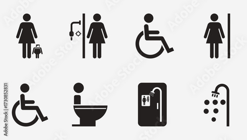 A collection of black and white icons representing public restrooms, accessibility, and hygiene facilities, including male and female figures, a person in a wheelchair, a toilet, and a shower.