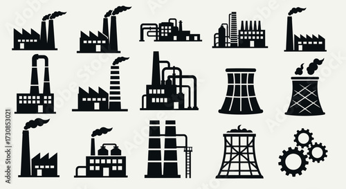 A collection of black industrial factory building silhouettes with smokestacks emitting smoke, representing various types of manufacturing plants and power generation facilities.