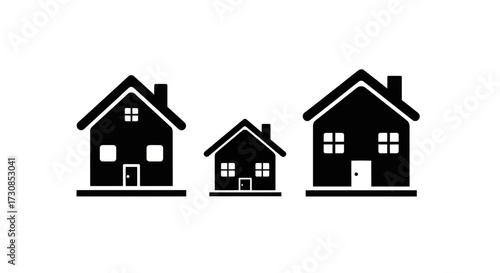 Three black silhouette icons of houses of different sizes, representing homes, real estate, or residential buildings.