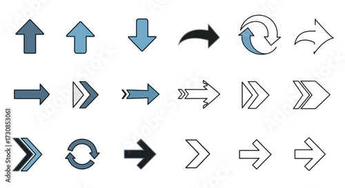 A diverse set of arrow icons in blue, black, and white, showcasing different styles and directions for navigation and design.