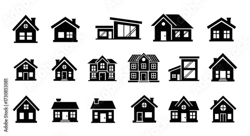 A diverse collection of eighteen black house silhouettes, showcasing various architectural styles for real estate and design concepts.