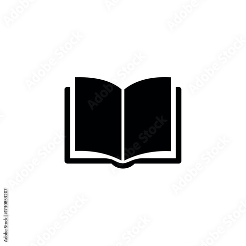 Solid black open book icon, representing education, reading, learning, knowledge, and literature in a simple, fundamental vector silhouette.