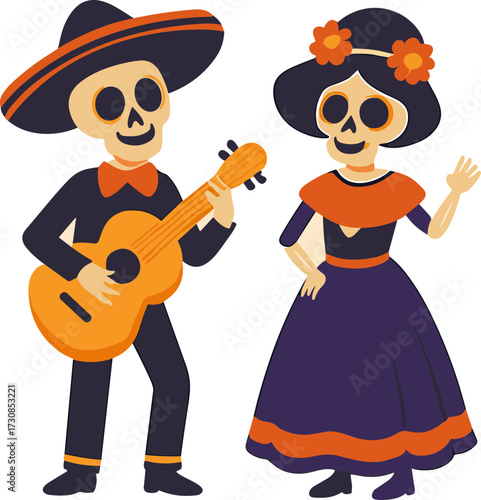 A festive illustration of two skeletons in traditional Mexican attire, with the male playing guitar and the female posing gracefully, celebrating Día de los Muertos.