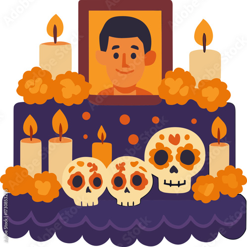A colorful Día de los Muertos altar decorated with marigold flowers, candles, sugar skulls, and a framed photo to honor the memory of a loved one.