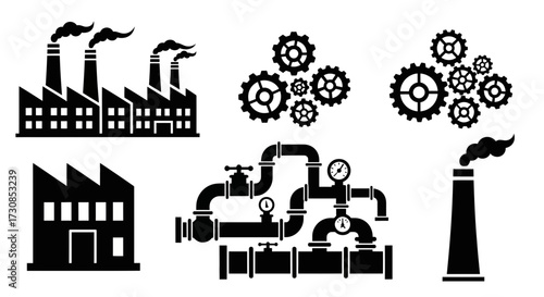 Collection of industrial icons featuring factories, gears, pipes, and smokestacks, representing manufacturing and production.