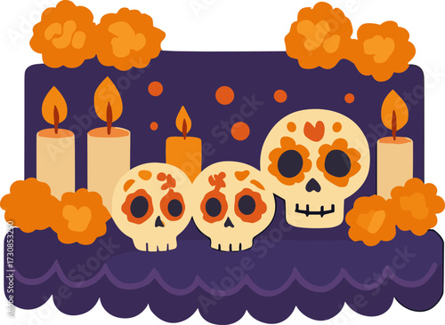 A vibrant Día de los Muertos altar featuring decorated sugar skulls, glowing candles, and marigold flowers arranged on a purple cloth.