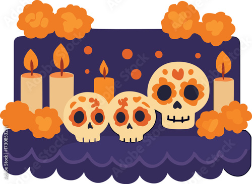 A vibrant Día de los Muertos altar featuring decorated sugar skulls, glowing candles, and marigold flowers arranged on a purple cloth.