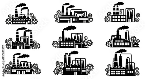 Collection of nine black and white vector illustrations of industrial factories with smokestacks and gears.