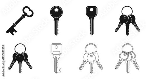 Collection of various keys, including skeleton keys and keyrings.