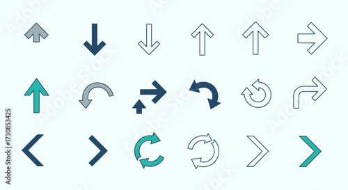 A diverse collection of arrow icons in various styles, colors, and directions, including up, down, left, right, and circular.