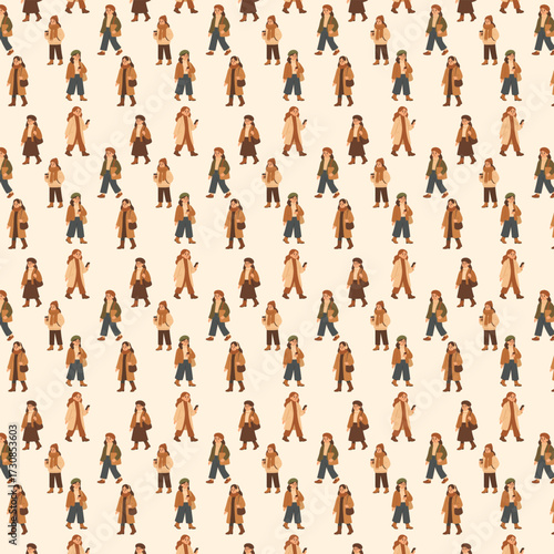 A seamless autumn-themed pattern featuring illustrated women in cozy coats, scarves, boots, and accessories, walking or holding coffee cups and bags on a neutral background.