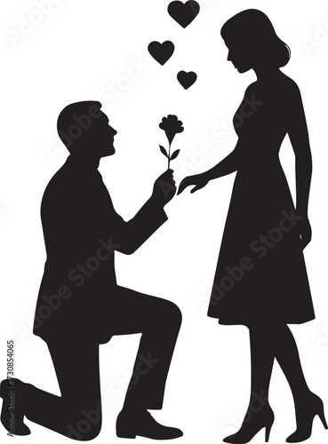 A man kneeling on one knee, holding a flower up to a woman. The woman is standing and reaching out her hand towards the flower. Three heart shapes float above them.