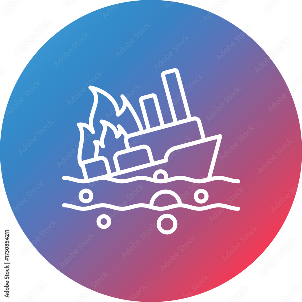 Naklejka premium Burning Ship Line Gradient Circle Background Icon