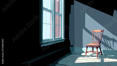 A tranquil interior scene, featuring a single wooden chair bathed in sunlight filtering through a window.