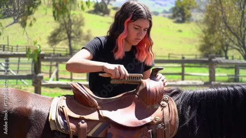 Young woman grooming a horse with a brush in a rural setting.