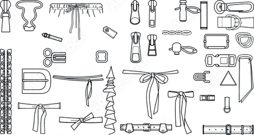 Comprehensive Fashion Hardware and Textile Trims Vector Set: Zippers, Buckles, Belts, and Bows Outline