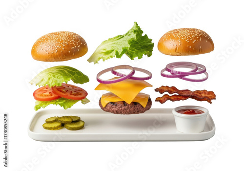 Deconstructed hamburger: bun, patty, cheese, bacon, lettuce, tomato, onion, pickle, sauce, on white platter, studio background. appetizing food display