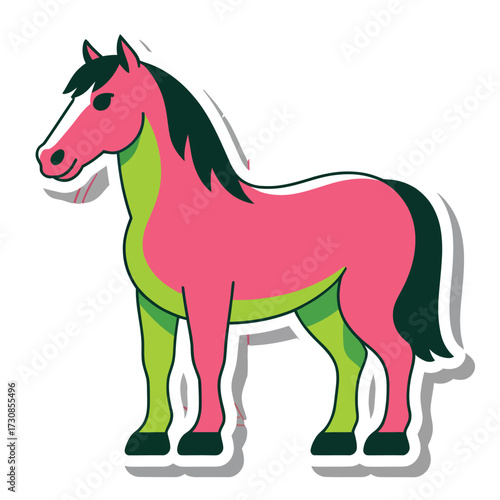 Standing horse animal illustration pink and green colors equine mammal domestic livestock