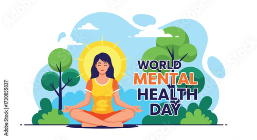 Flat style illustration of a woman meditating outdoors for World Mental Health Day, representing mindfulness, inner peace, and the importance of balance for emotional wellbeing