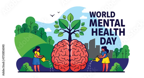 Flat style illustration of people watering a brain growing into a tree for World Mental Health Day, symbolizing care, growth, and nurturing emotional wellbeing in a supportive environment