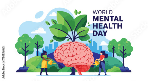 Flat style illustration of people watering a brain growing into a tree for World Mental Health Day, symbolizing care, growth, and nurturing emotional wellbeing in a supportive environment