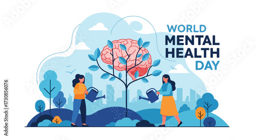 Flat style illustration of people watering a brain growing into a tree for World Mental Health Day, symbolizing care, growth, and nurturing emotional wellbeing in a supportive environment