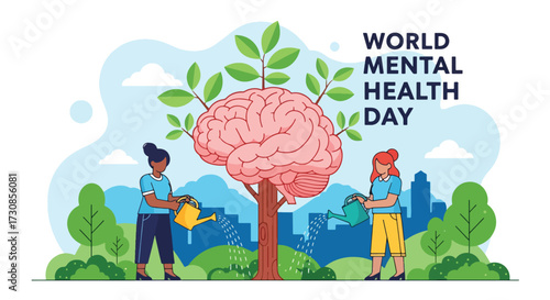 Flat style illustration of people watering a brain growing into a tree for World Mental Health Day, symbolizing care, growth, and nurturing emotional wellbeing in a supportive environment