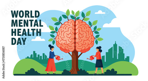 Flat style illustration of people watering a brain growing into a tree for World Mental Health Day, symbolizing care, growth, and nurturing emotional wellbeing in a supportive environment