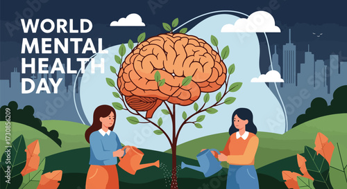 Flat style illustration of people watering a brain growing into a tree for World Mental Health Day, symbolizing care, growth, and nurturing emotional wellbeing in a supportive environment