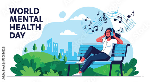 Flat style illustration of a woman listening to music on headphones in the park for World Mental Health Day, symbolizing relaxation, stress relief, and emotional wellbeing