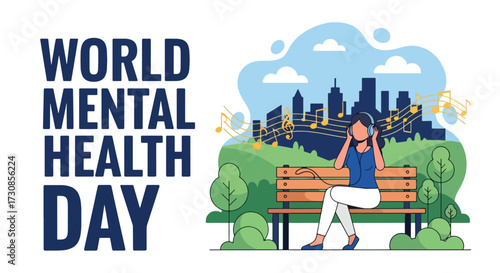 Flat style illustration of a woman listening to music on headphones in the park for World Mental Health Day, symbolizing relaxation, stress relief, and emotional wellbeing